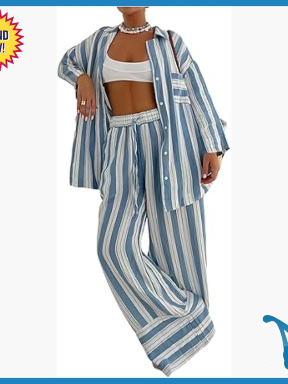 Women's Striped Two Piece Set Long Sleeve Button Down Shirt and Pants